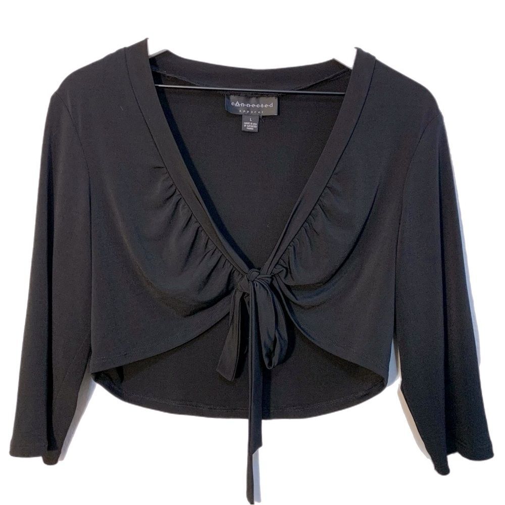 CONNECTED Vintage Tie Front Crop Top Women’s Black L  Front Gather 3/4 Sleeve.